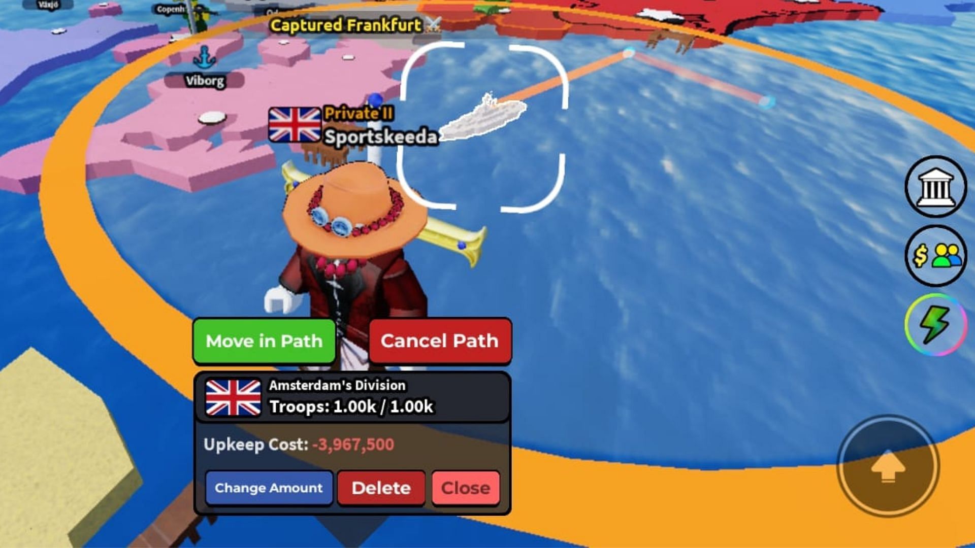 The range of a Battleship (Image via Roblox)